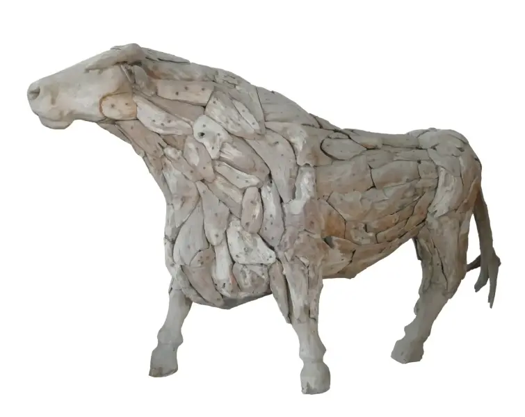 Product image of the product “Standing Bull. Artistic made made from single teak wood pieces. The head is carved wood. The size is 255cm Length. ”